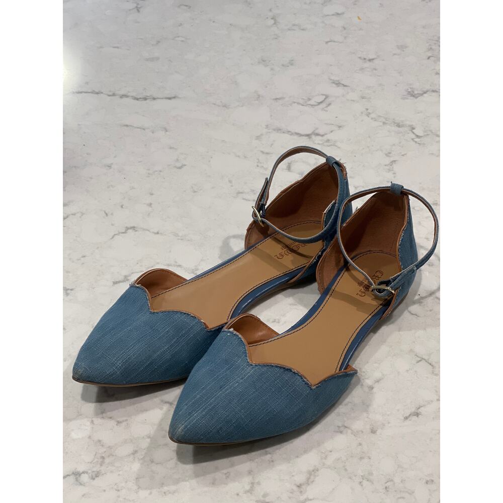 Crown Women’s Brooke Denim Pointed Toe Office Ankle Strap Flats‎ Size 9.5M Blue